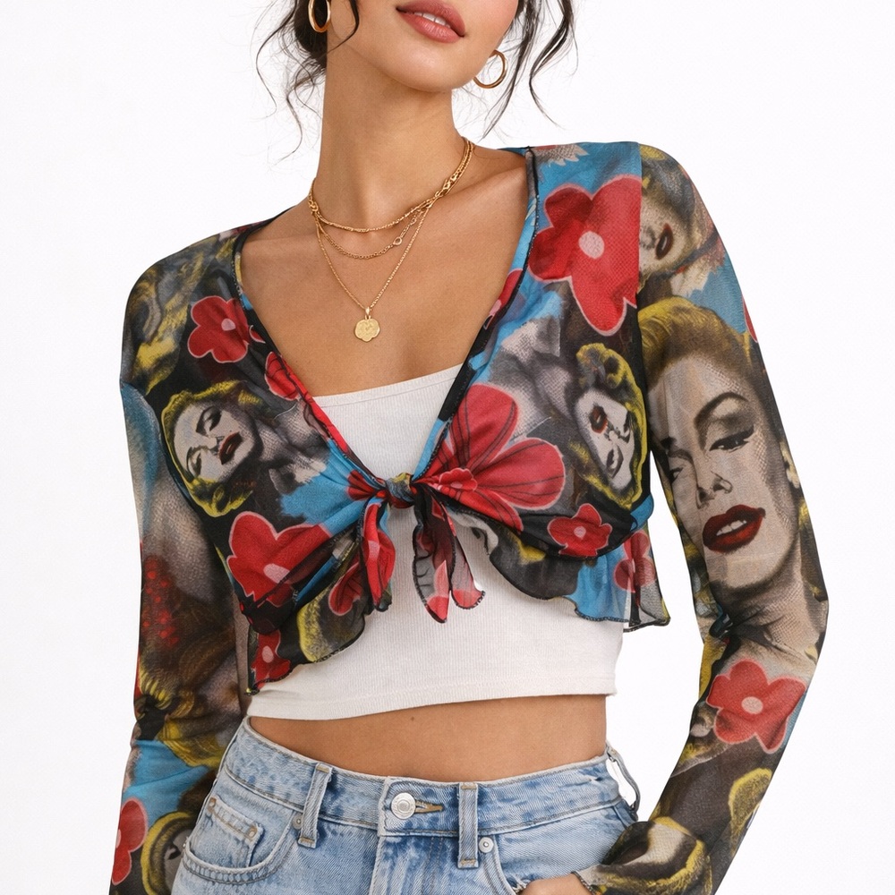 Pop Art Marilyn Mesh Bolero Top – Sheer Tie Front